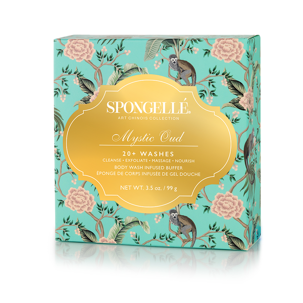 Art Chinois Collection Body Buffer sponge with animal motifs in lush green packaging.