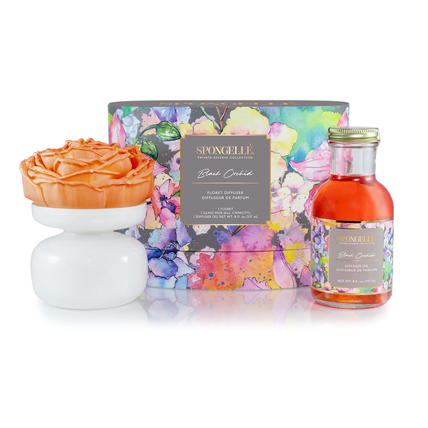 Spongellé Private Reserve Floret Diffuser Gift Set featuring hand-sewn tapioca fiber flowers with cotton wicks in a colorful arrangement.