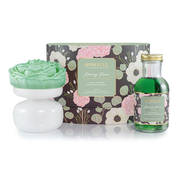 Spongellé Private Reserve Floret Diffuser Gift Set featuring hand-sewn tapioca fiber flowers with cotton wicks in a colorful arrangement.
