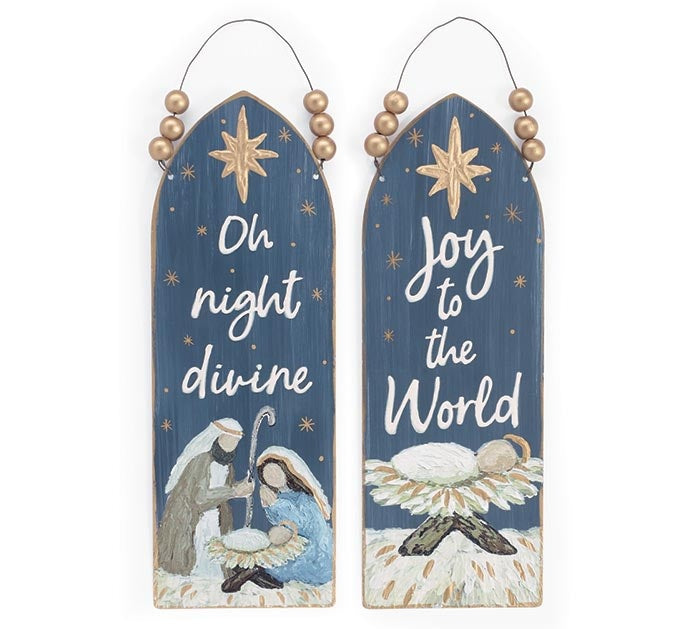 Dark blue galvanized tin wall hanging featuring artwork of the Holy Family with 'O Holy Night' message.