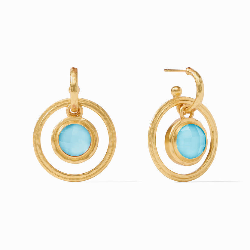Astor 6-in-1 charm earring in iridescent capri blue with gold plate and glass accents.