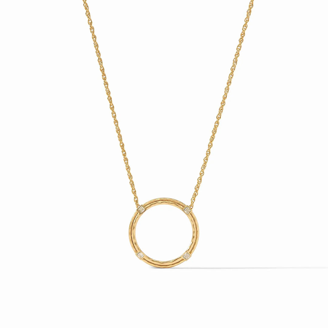 Delicate orbital necklace with four cubic zirconia stones on a fine rope chain in gold plate.
