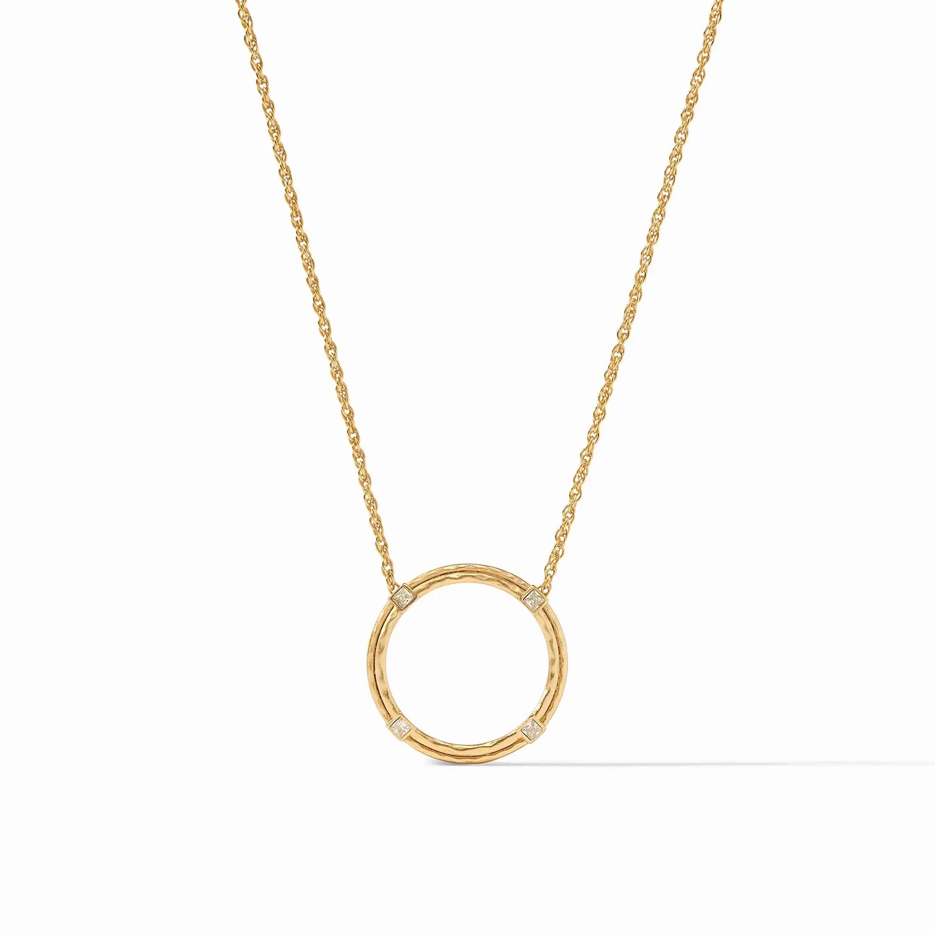 Delicate orbital necklace with four cubic zirconia stones on a fine rope chain in gold plate.