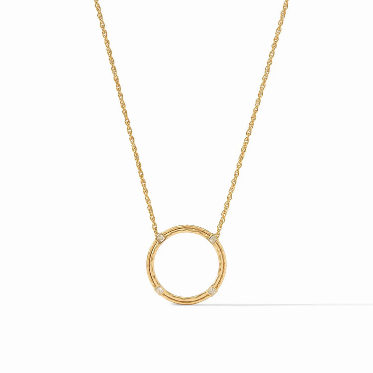 Delicate orbital necklace with four cubic zirconia stones on a fine rope chain in gold plate.