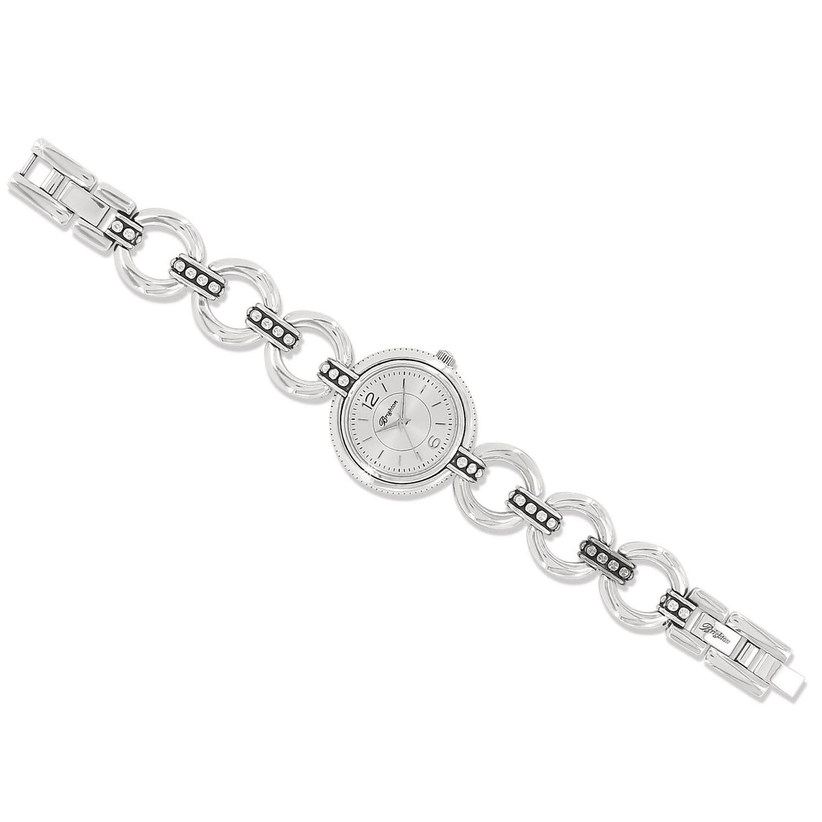 Silver Astoria watch with round studded links, minimalistic dial, Japanese movement, and fold-over clasp.