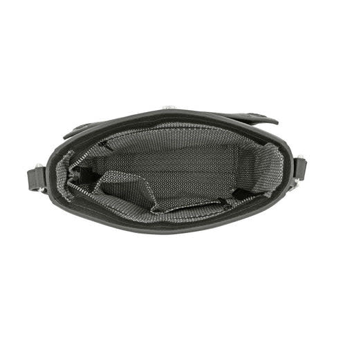 Black leather Astrid organizer bag with zip closure showing interior pockets.