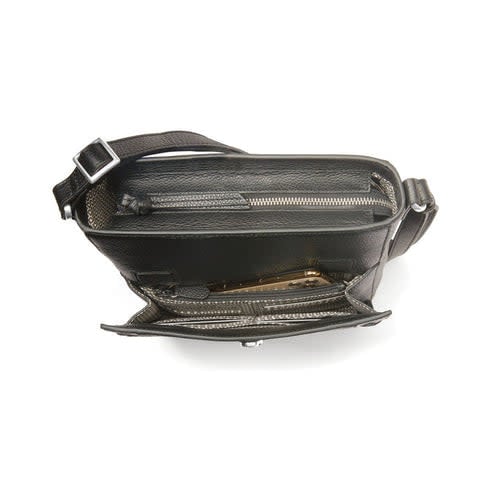 Black leather Astrid organizer bag with adjustable strap and zip top closure.