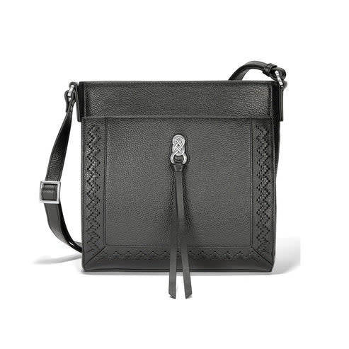 Black leather Astrid organizer bag with adjustable strap, zip top closure, exterior pockets, and keyholder.