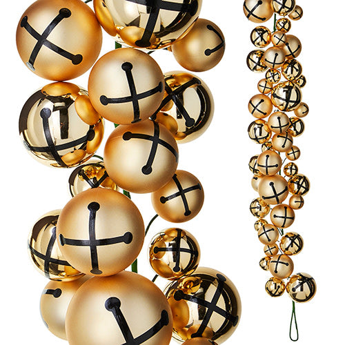 4' Jingle Bell Ball Garland featuring gold and matte gold plastic bells with black cross designs.