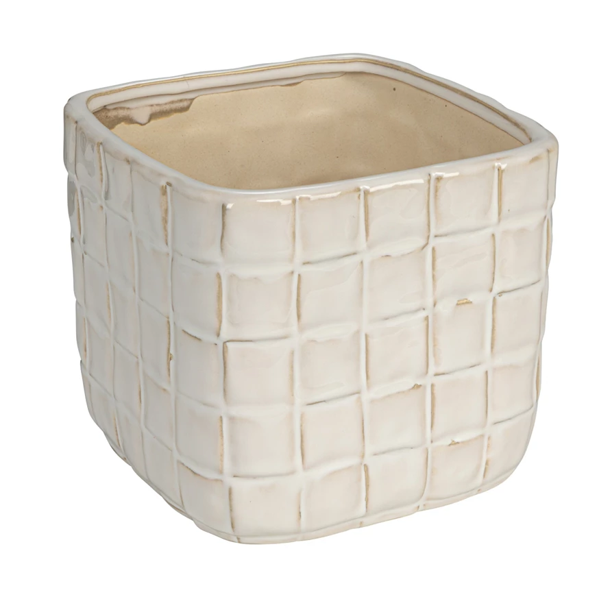 Square stoneware planter with woven reactive glaze finish in earthy tones