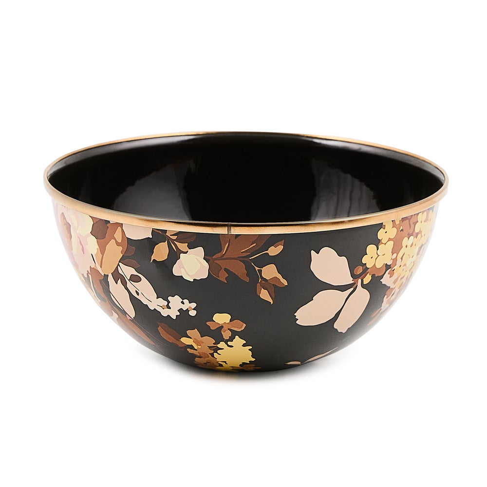 Small everyday bowl in wild rose brown with hand-applied transfer decoration on heavy-gauge steel and bronzed stainless rim.
