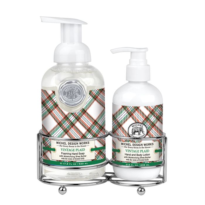 Foaming hand soap dispenser with pump next to a matching lotion bottle in neutral tones.