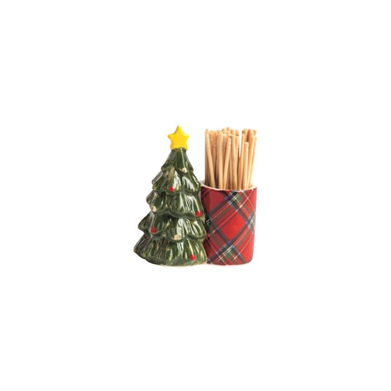 Hand-painted stoneware toothpick caddy featuring a green Christmas tree and red tartan holder.