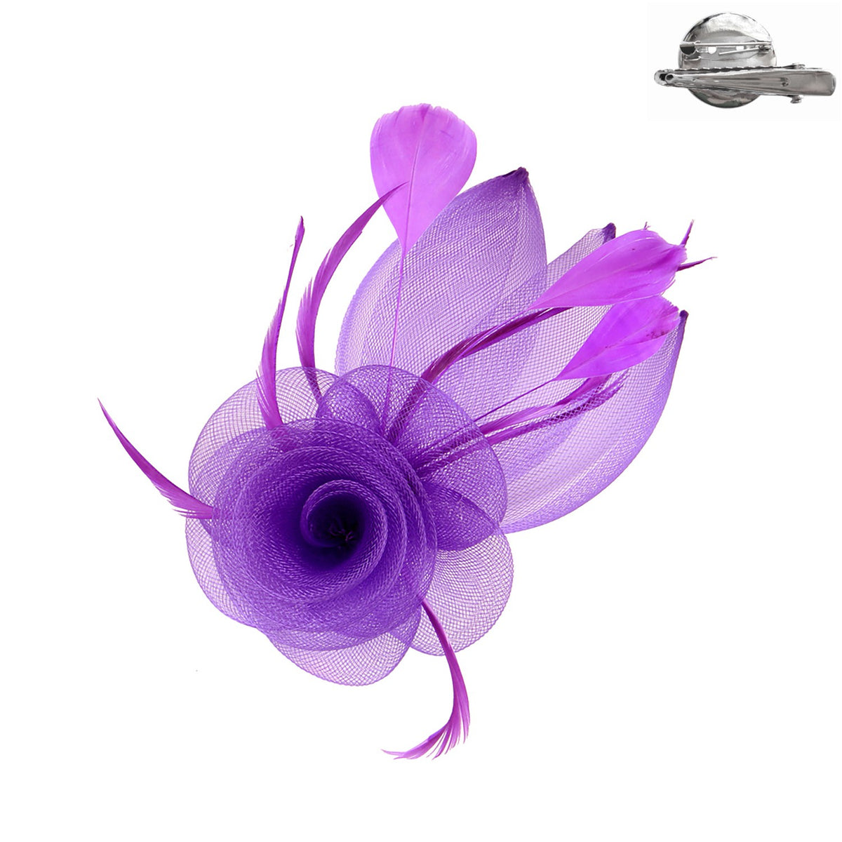 Black mesh fascinator with white floral print featuring a decorative clip attachment.