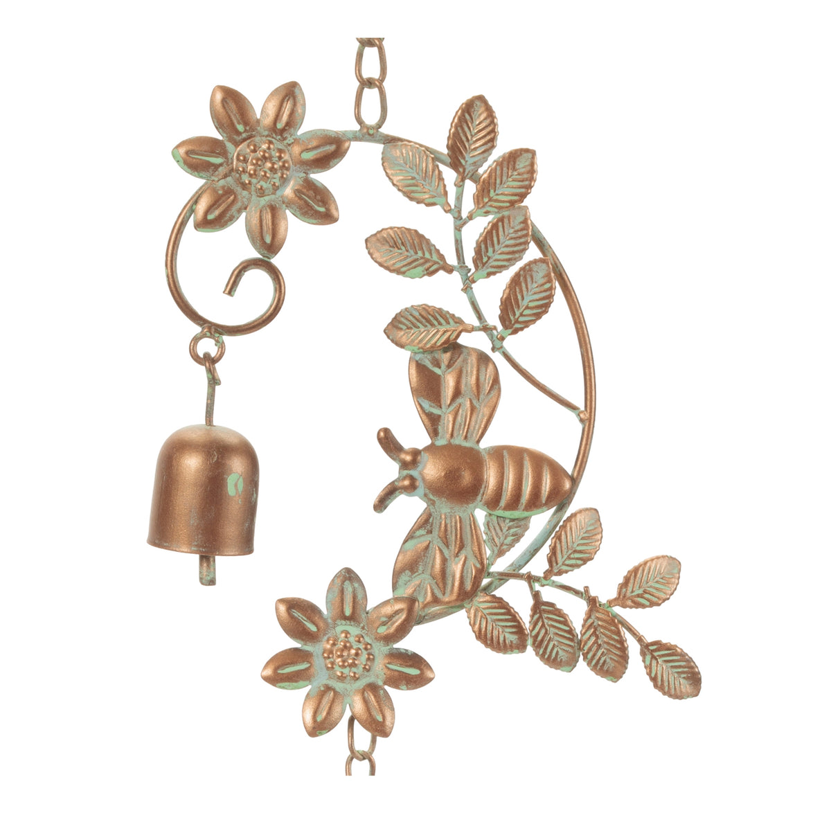 64-inch iron bee rain chain featuring decorative flowers, leaves, and a bell with a copper finish.