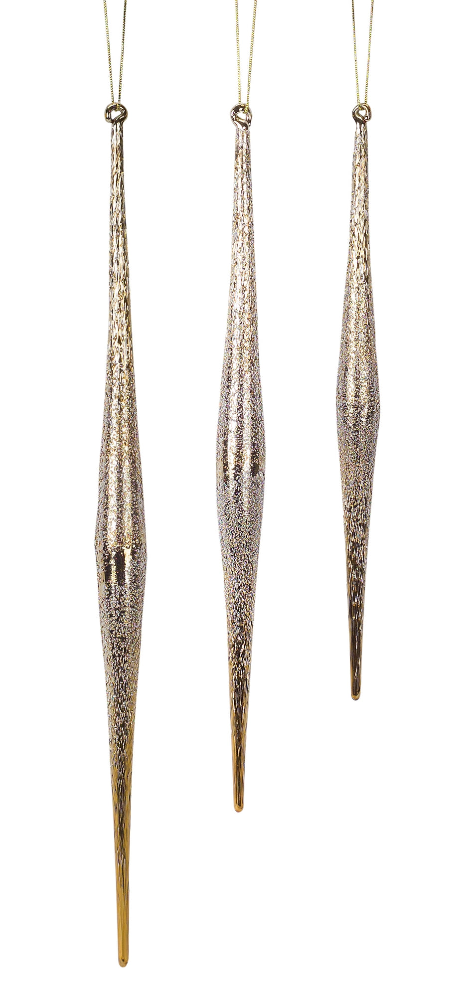 Three gold glittered glass icicle ornaments in varying lengths hanging from gold strings.