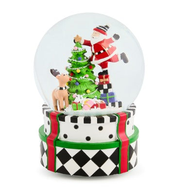 Santa & Rudolph snow globe with a decorated tree on a black and white patterned base.