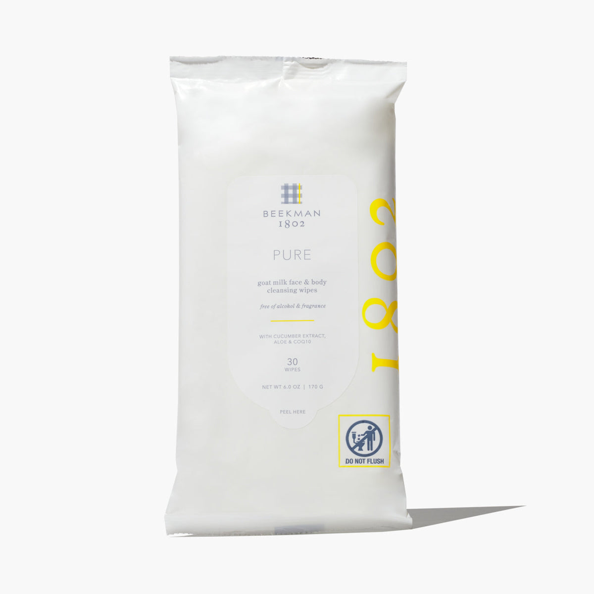 Pack of facial cleansing wipes with goat milk and cucumber in a resealable pouch.