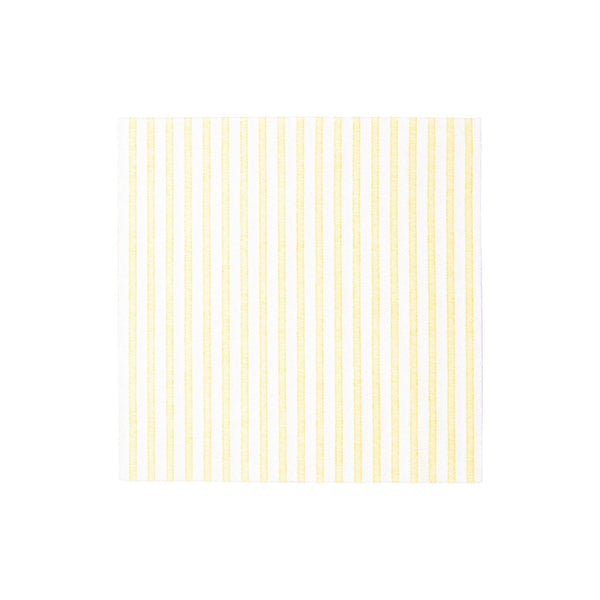 Square white dinner napkin with thin vertical yellow stripes.