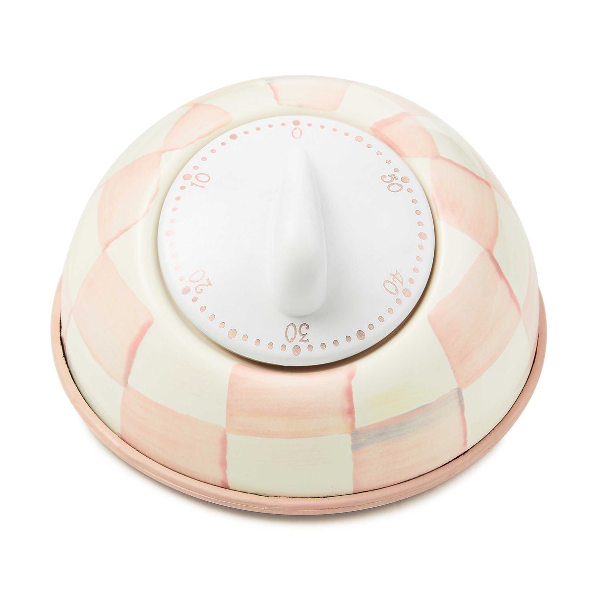 Rosy Check Kitchen Timer with hand-painted pink and white checks and a white dial.