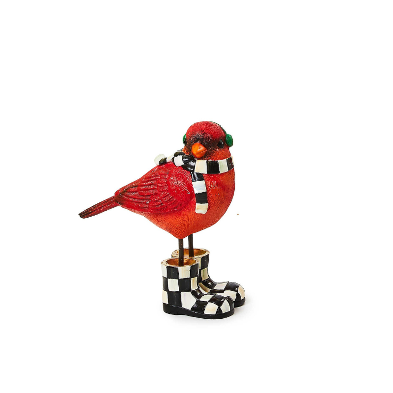 Hand-painted red cardinal figurine wearing a black and white scarf, earmuffs, and checkered boots.