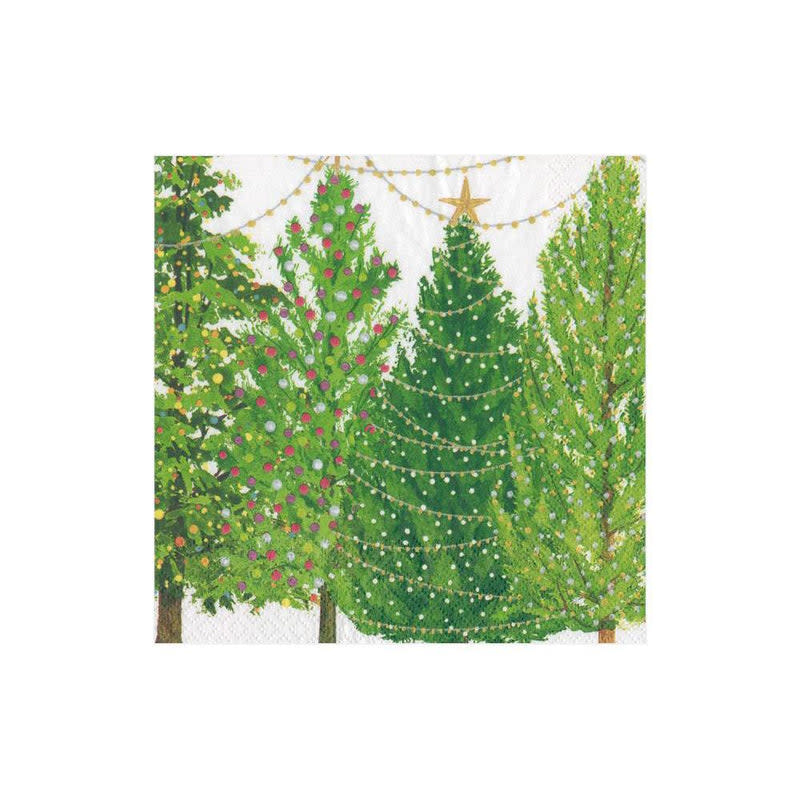 Triple-ply cocktail napkins featuring a printed Christmas tree with lights pattern.