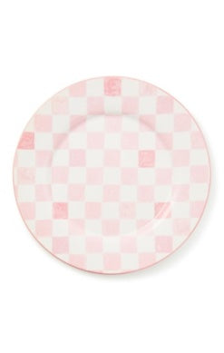 Round platter with a pink and white hand-painted checkered pattern.