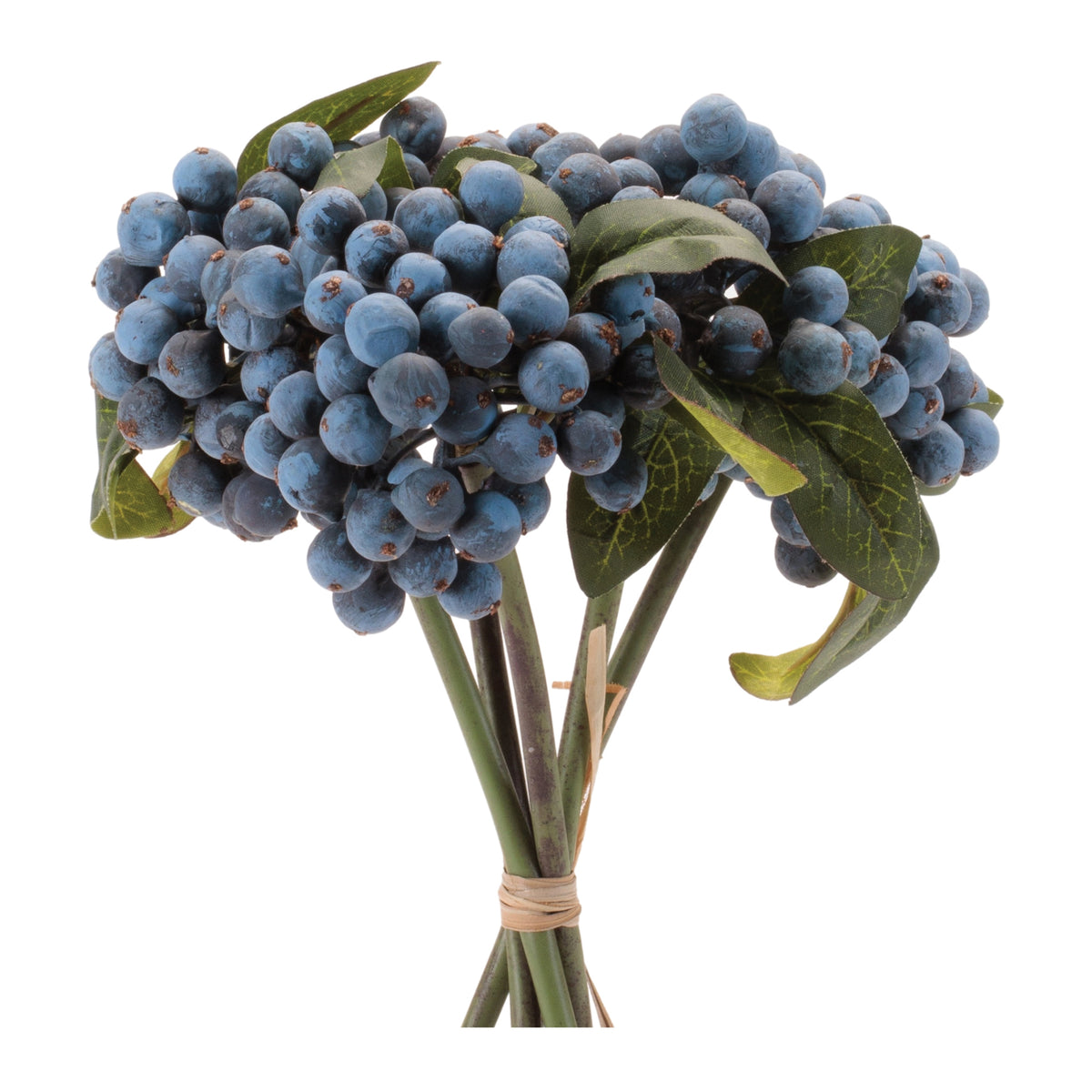 11-inch artificial blue berry bundle with green leaves and stems tied with a band.