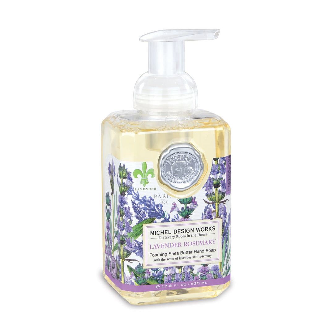 Spring Foaming Soap in a clear bottle with white liquid.
