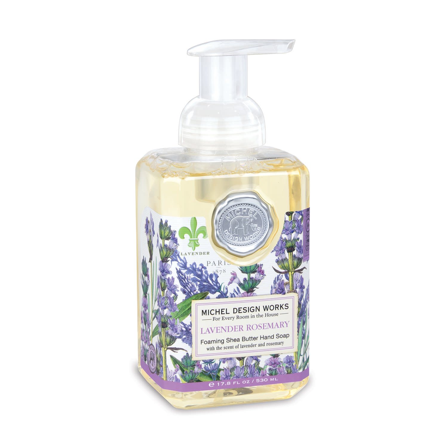 Spring Foaming Soap in a clear bottle with white liquid.