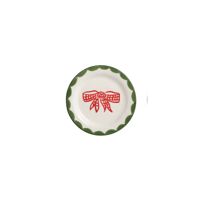 Hand-painted 4-inch ceramic tidbit plate with a red bow design and green scalloped edge.