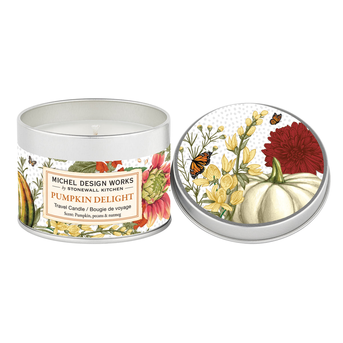 Michel Design Works Pumpkin Delight travel candle in a tin with floral and pumpkin design.