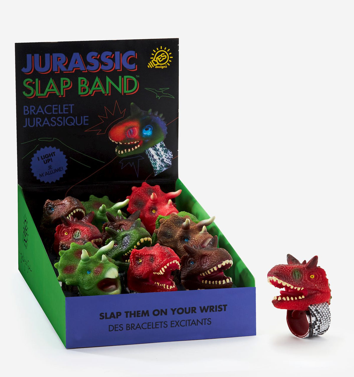 Light Up Jurassic Slap Band in black silicone with glowing dinosaur pattern.