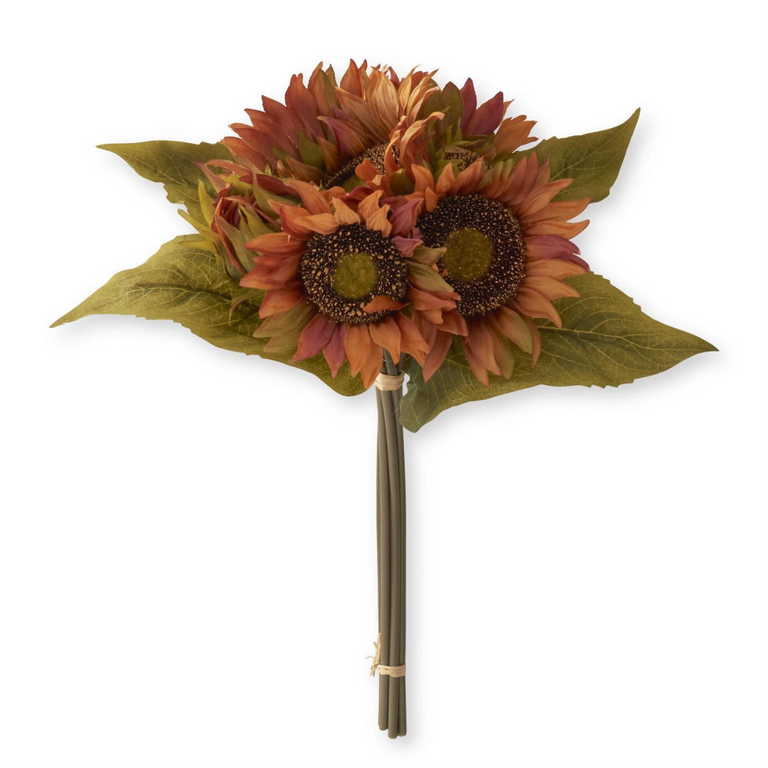 14-inch artificial sunflower bundle with brown, orange, burgundy petals and green leaves.