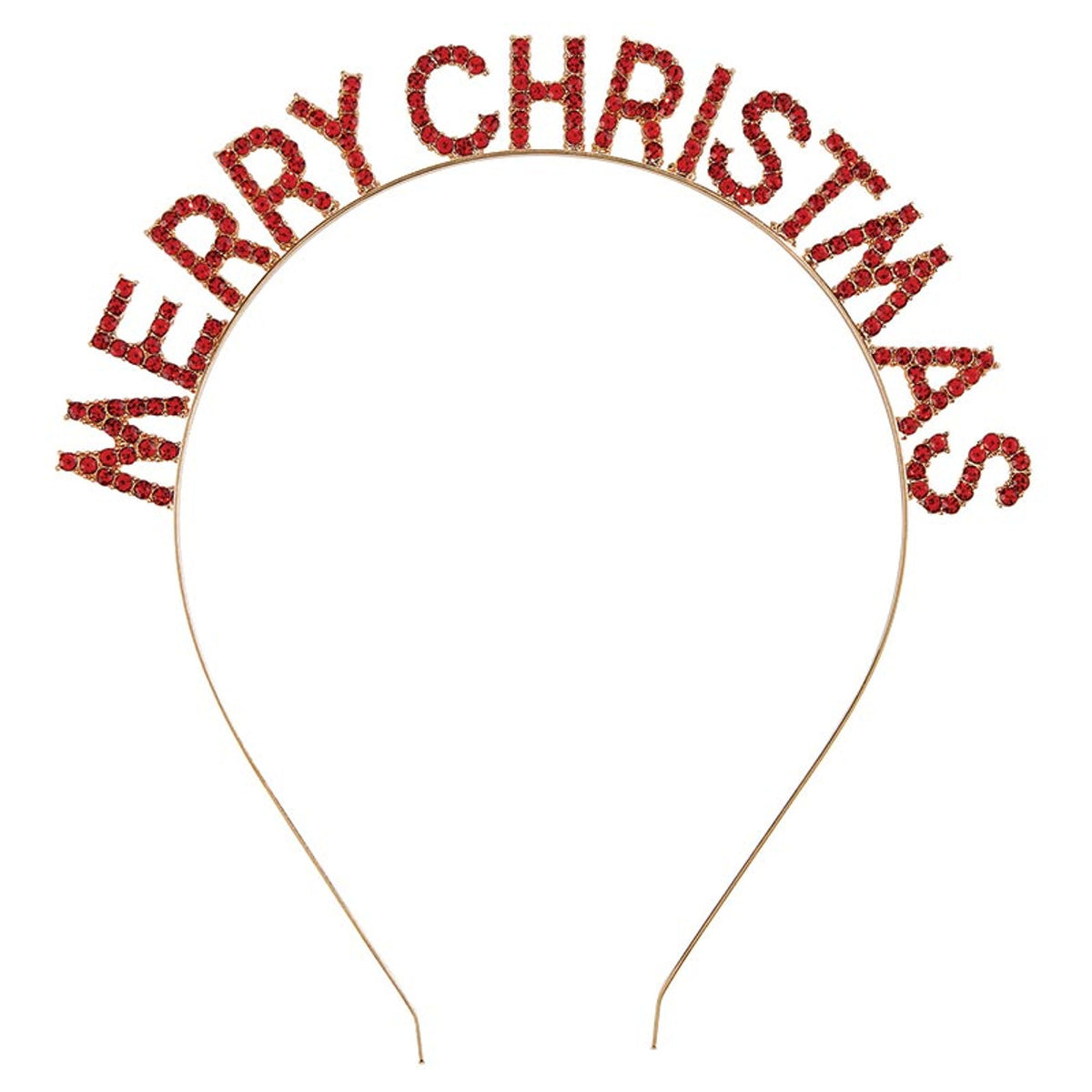 Gold metal headband featuring red rhinestone letters spelling out Merry Christmas.