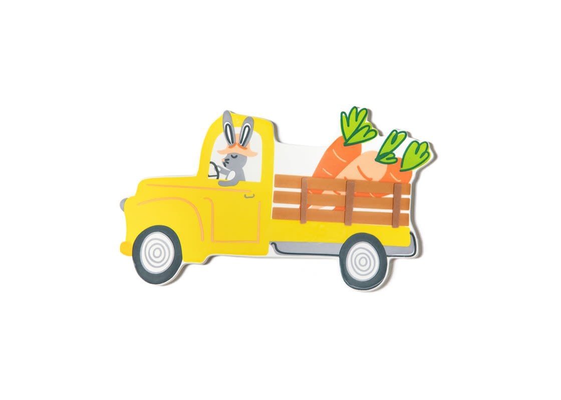 Ceramic wall hook with loop fastener in cheerful yellow featuring an east-facing truck silhouette pattern.