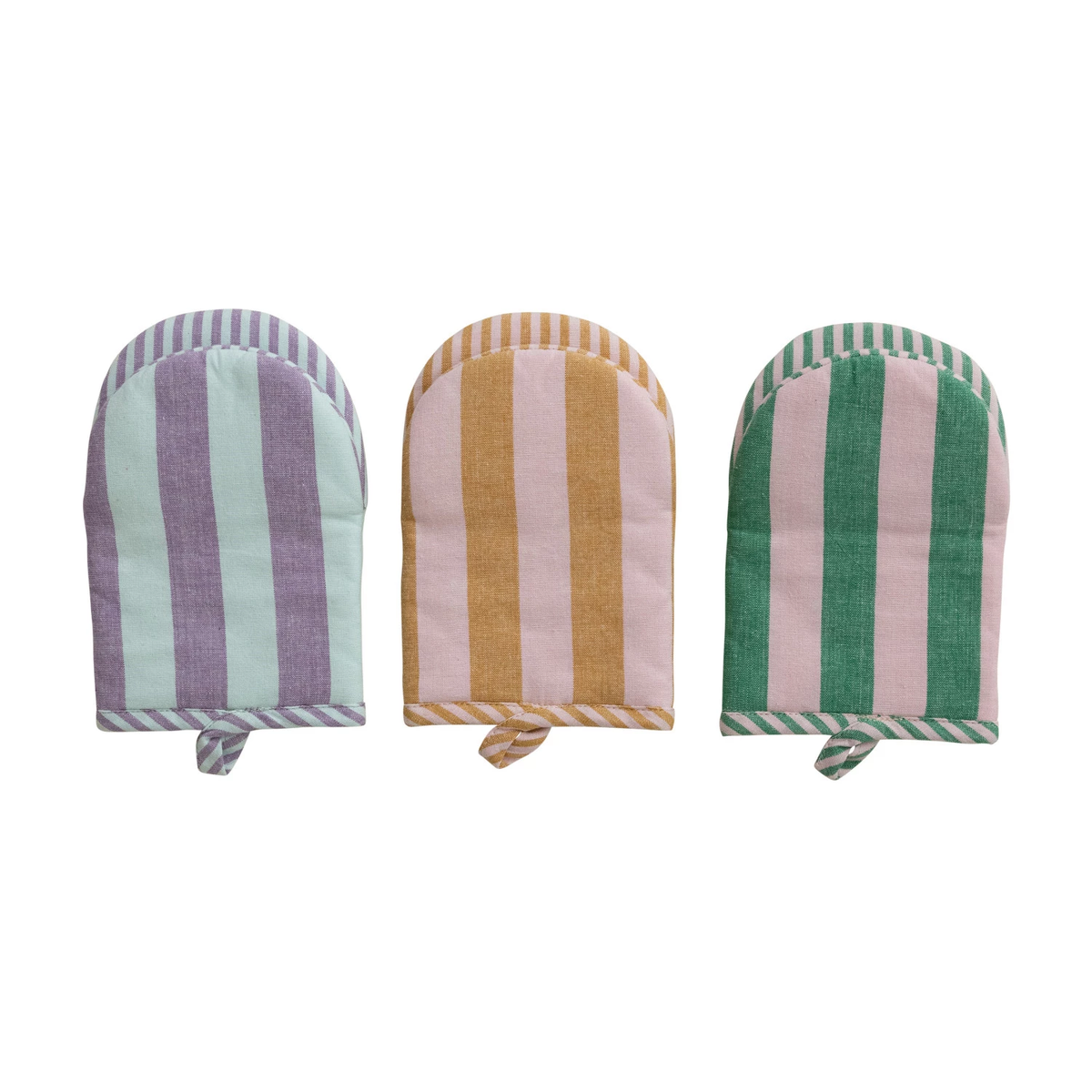 Woven cotton oven mitt with striped pattern in neutral tones