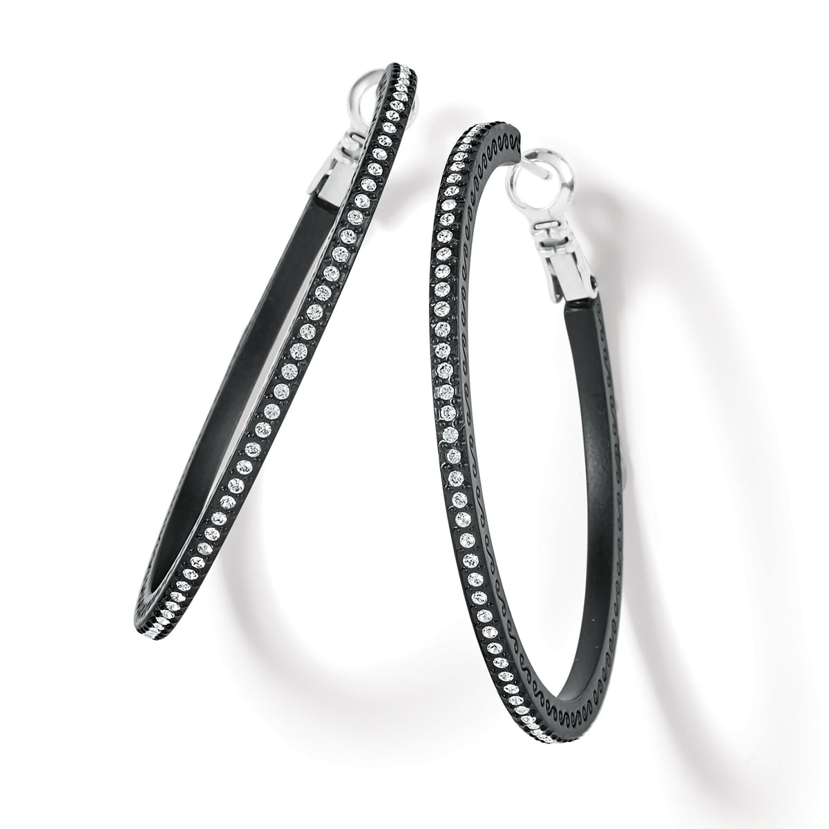 Meridian Eclipse large black lacquer hoop earrings with fine quality crystals and lever back.