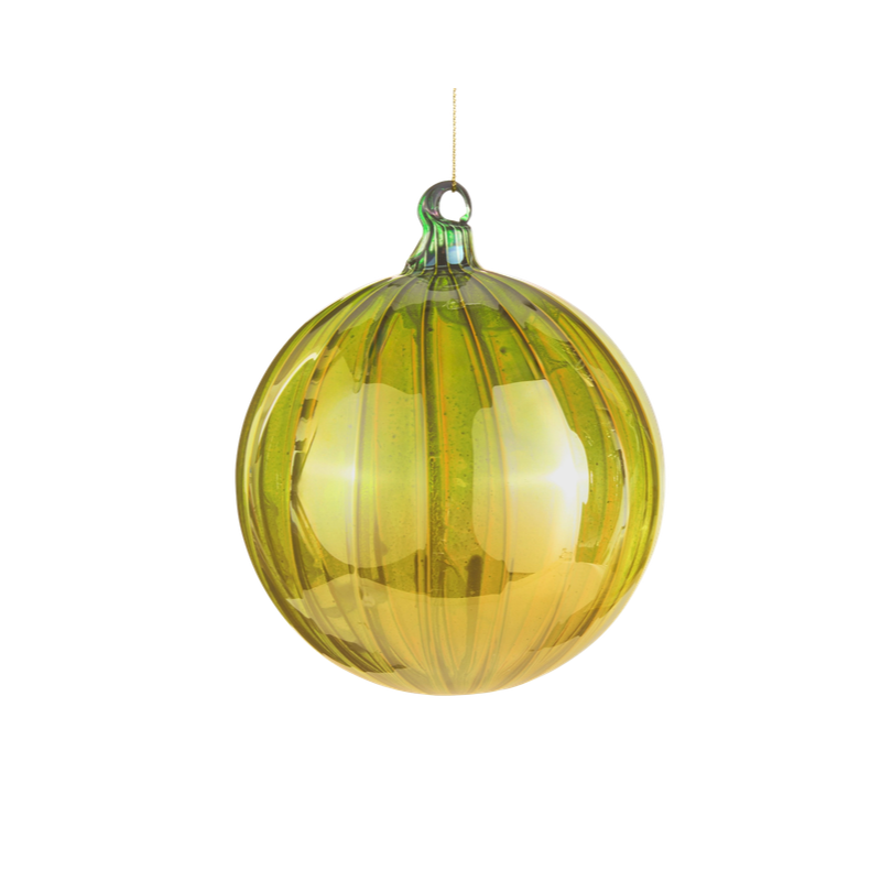 5-inch green pearlized glass drop ornament with vertical ribbed texture and gold hanging string.