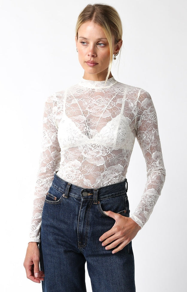 Emily Lace Top in black nylon with a delicate lace overlay and fitted silhouette.
