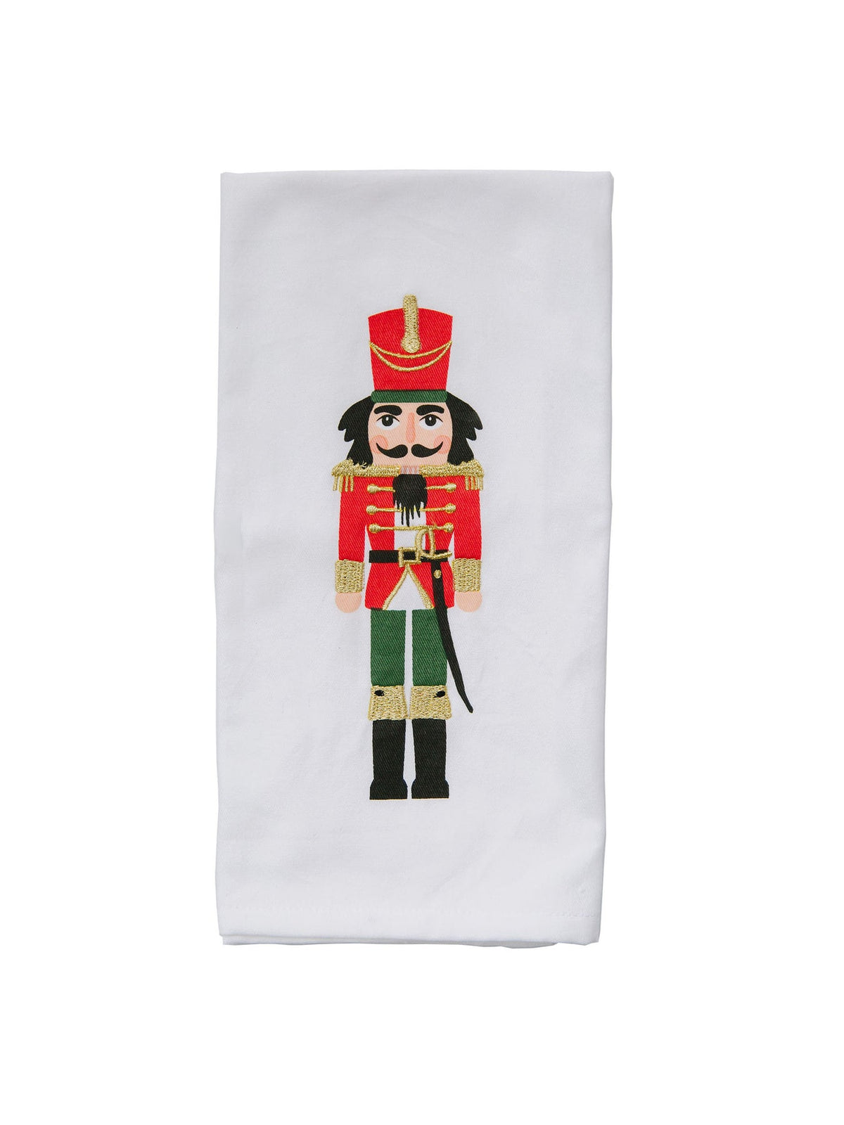 Traditional nutcracker tea towel with gold thread embroidery on cotton fabric