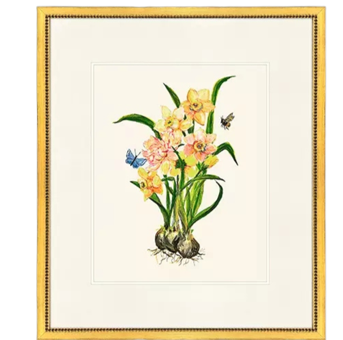 Delicate Medley II botanical print of yellow daffodils with a butterfly in a gold beaded frame.
