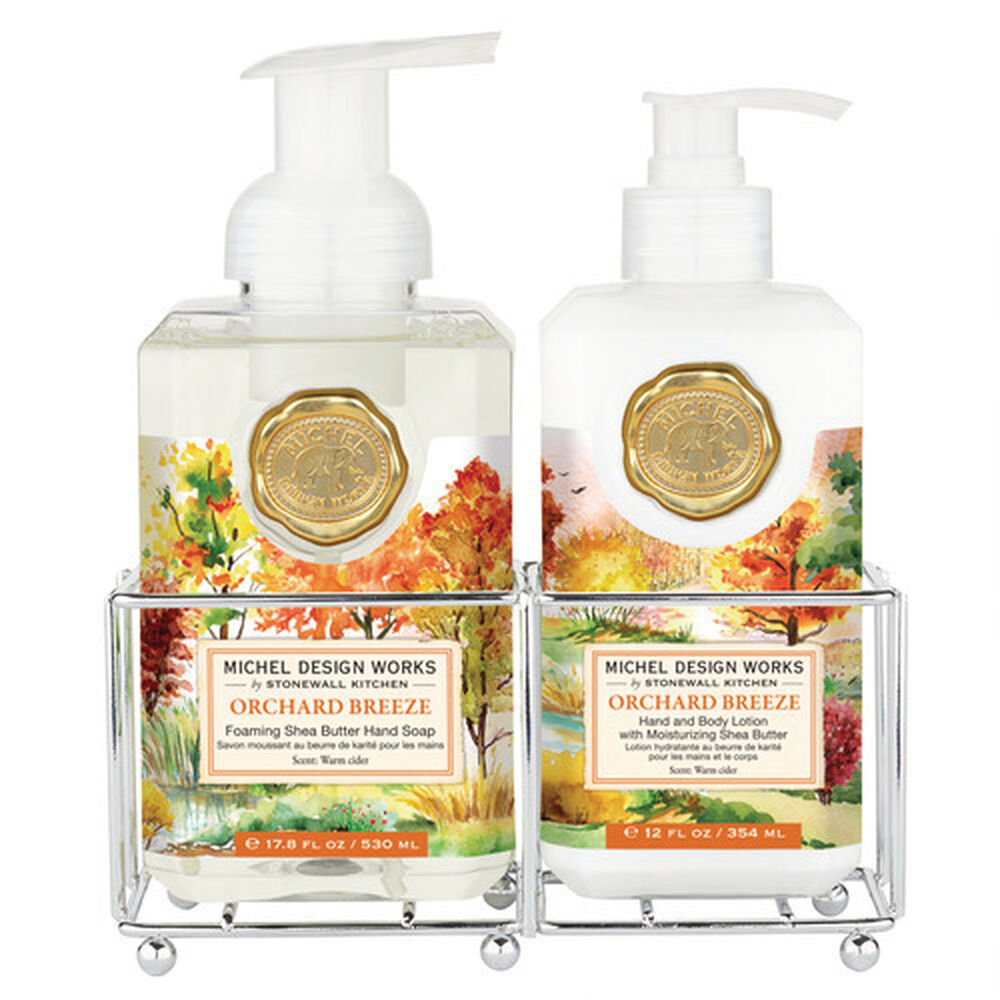 Hand Care Caddy containing foaming hand soap and lotion bottles.