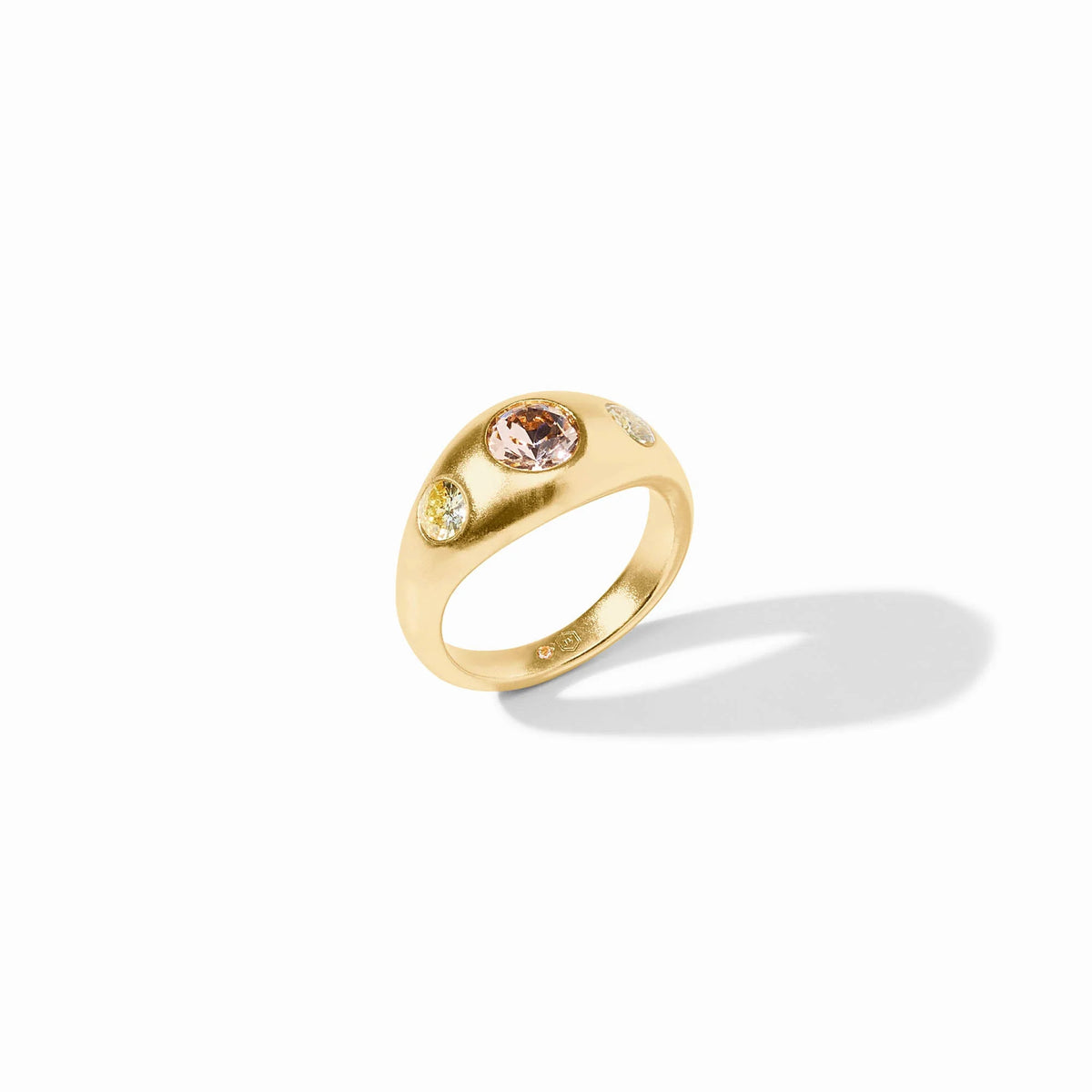 Rainbow signet ring with a colorful CZ stone set in gold-plated metal.