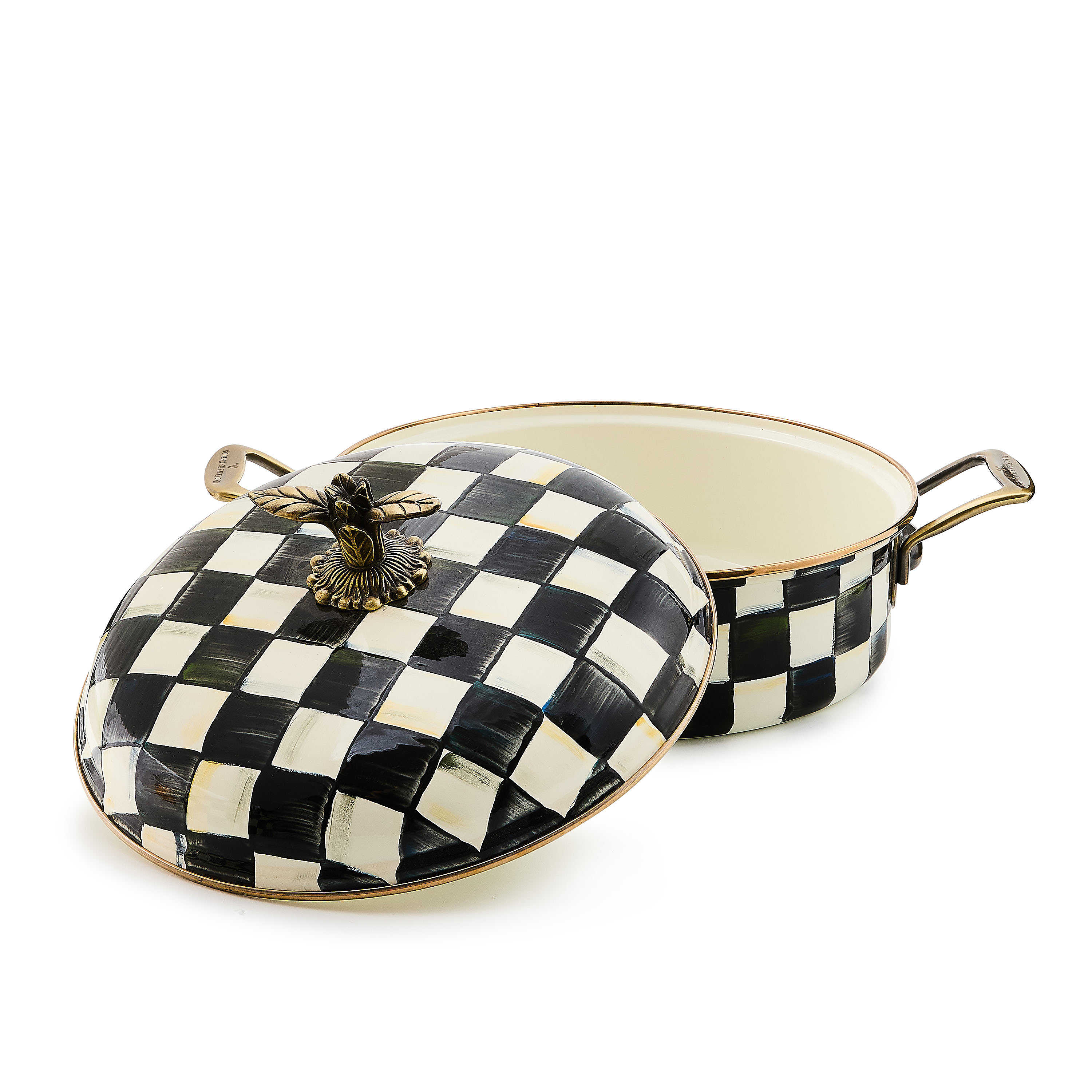 Courtly Check Enamel 5 Quart Casserole with hand-painted black and white checks and brass knob.