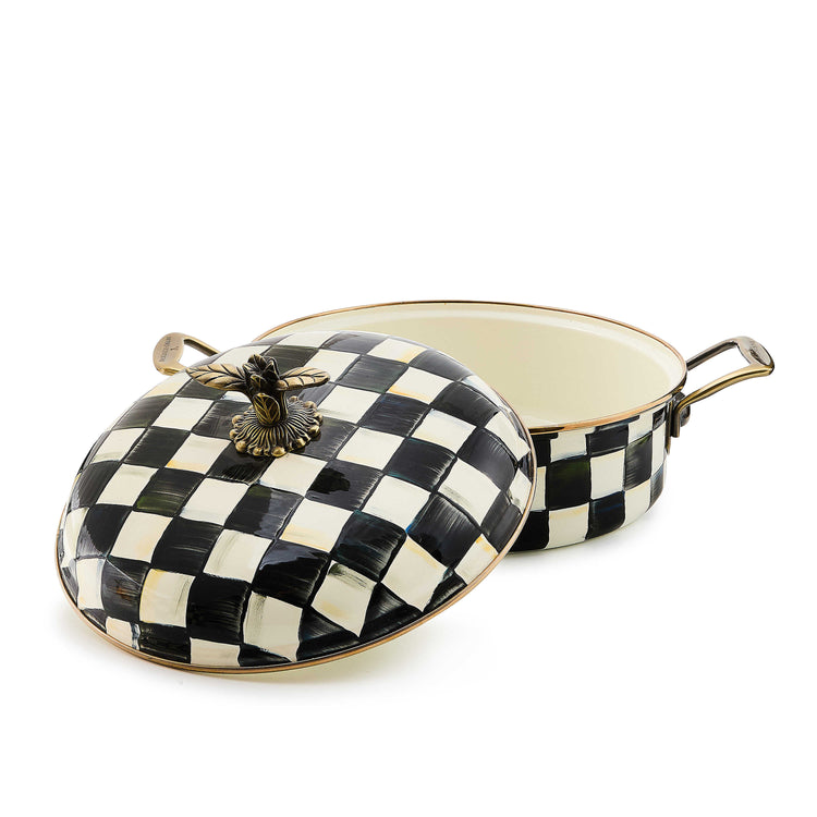 Courtly Check Enamel 5 Quart Casserole with hand-painted black and white checks and brass knob.