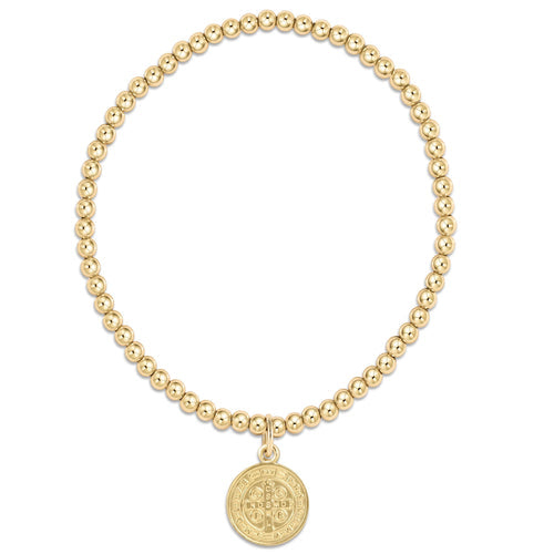 Classic gold 3mm bead bracelet with a 14kt gold-filled Saint Benedict blessing disc charm.