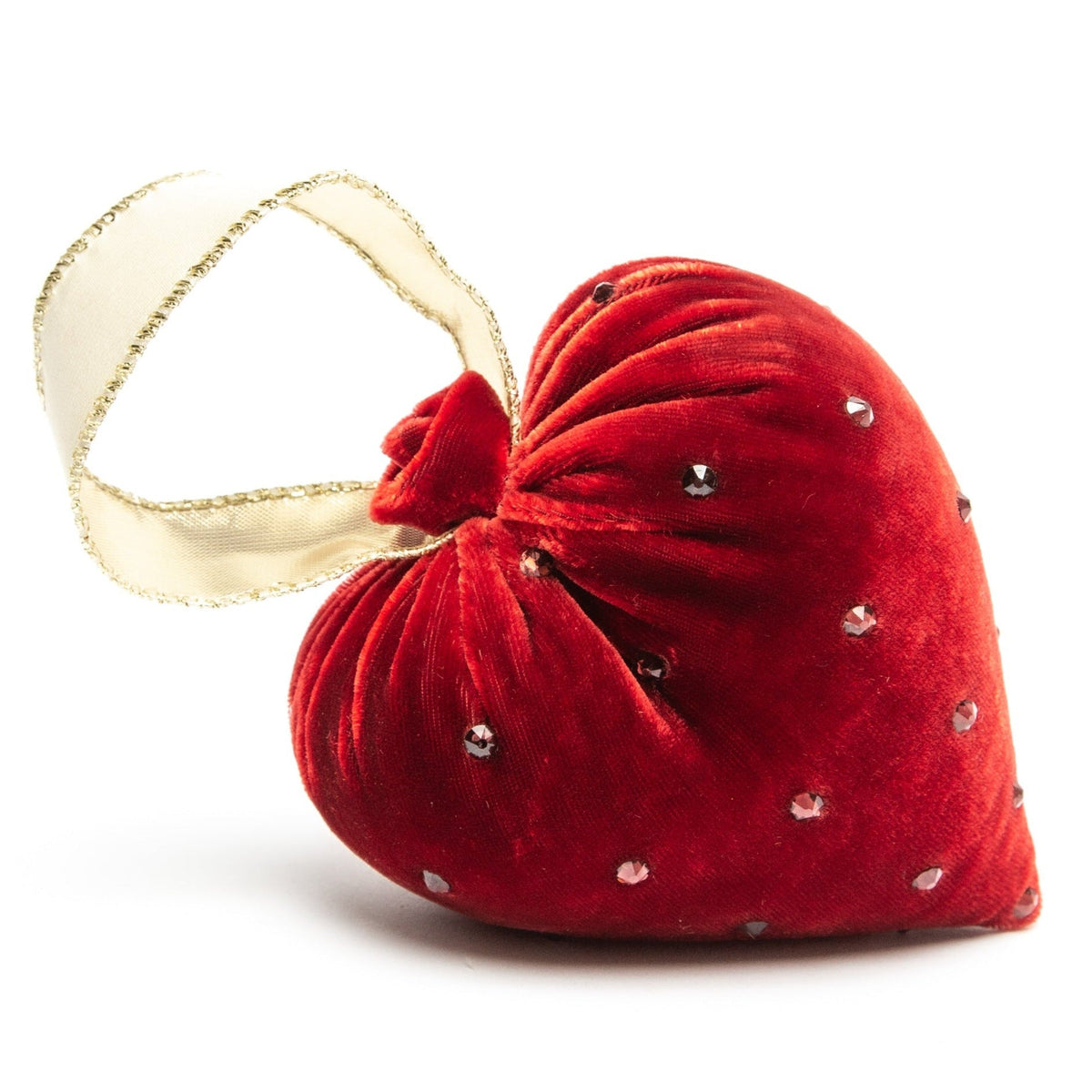 Small heart-shaped crystal silk velvet ornament with attached ribbon