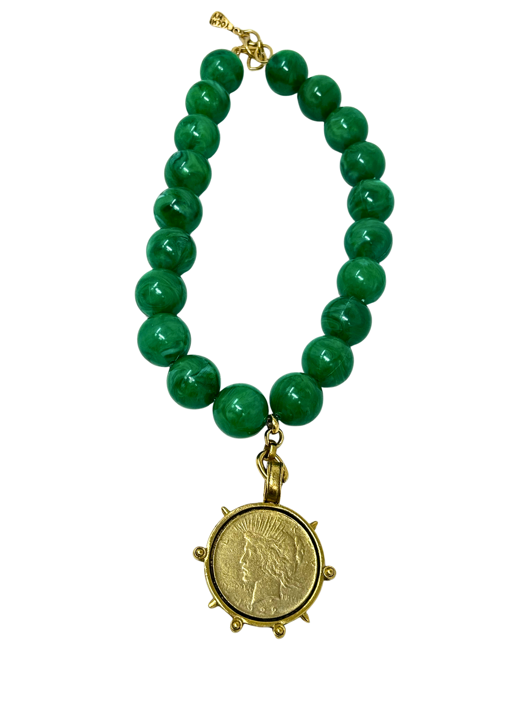 Vintage 18-inch necklace featuring green marbled beads and a gold-tone coin medallion pendant.