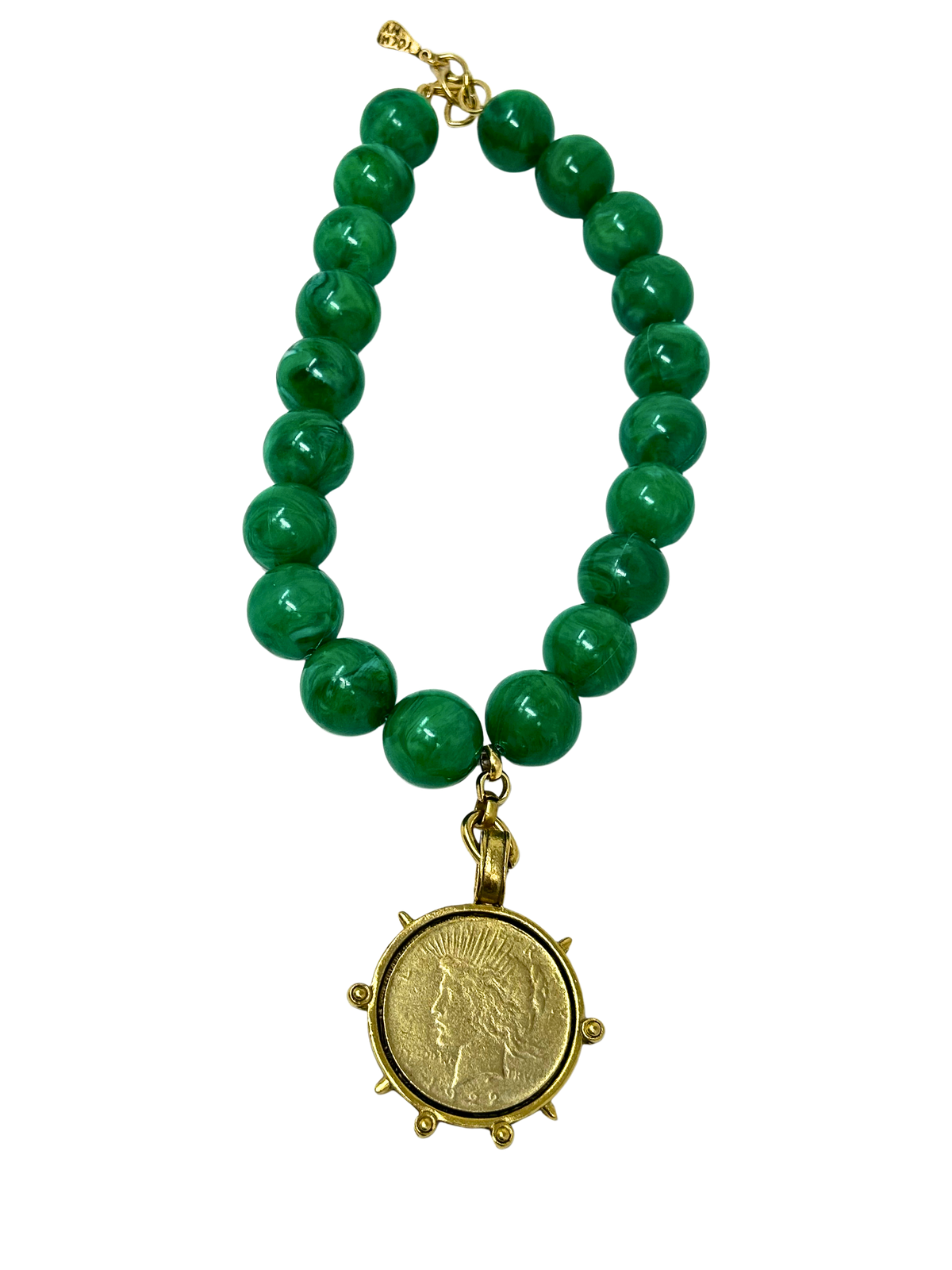 Vintage 18-inch necklace featuring green marbled beads and a gold-tone coin medallion pendant.